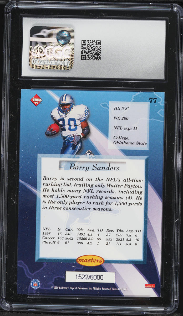 1999 Collector's Edge Masters Barry Sanders /5000 #77 CGC 9.5 MINT+