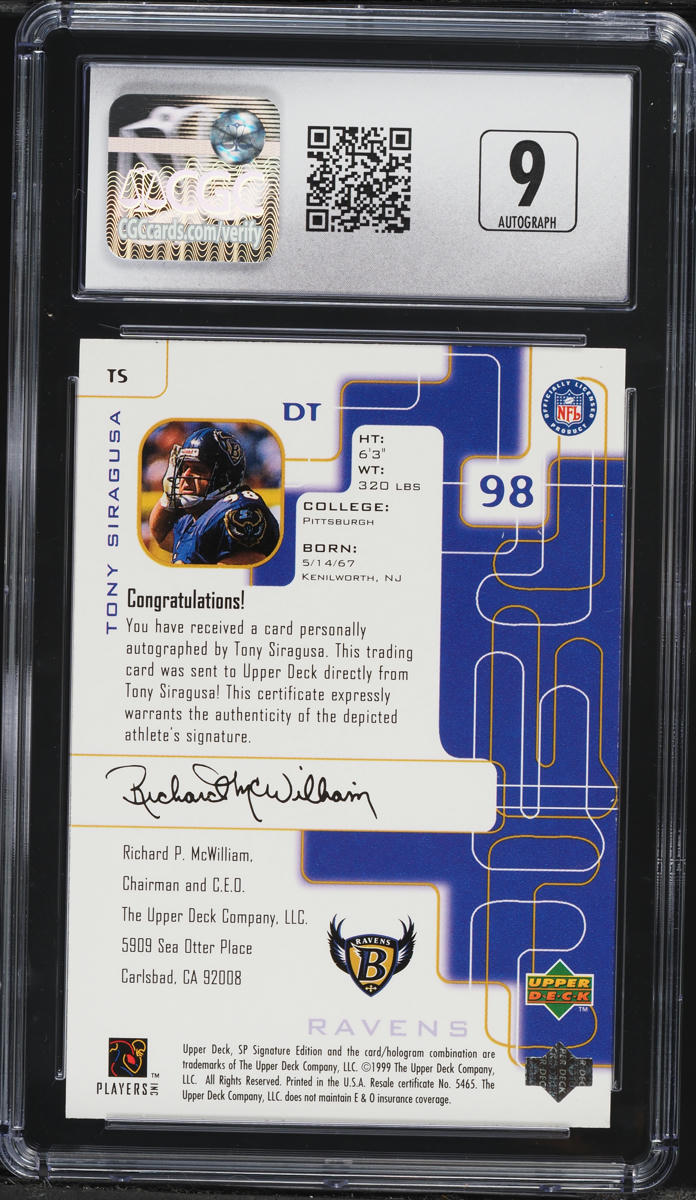 1999 SP Signature Edition Tony Siragusa AUTO #TS CGC 9 MINT
