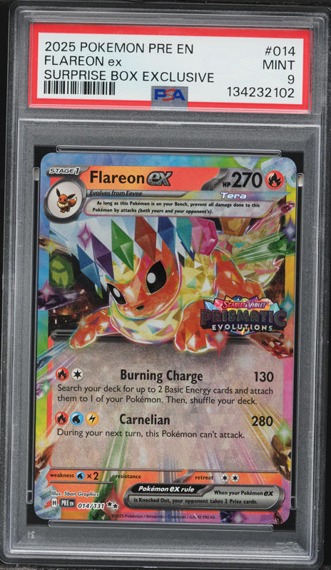 2025 Pokemon Scarlet & Violet Prismatic Evolutions Surprise Box Holo Flareon ex #14 PSA 9 MINT