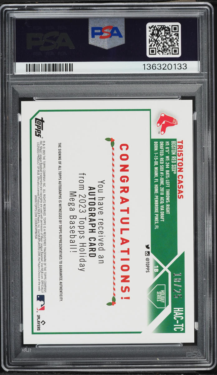 2023 Topps Holiday Red Metallic Triston Casas ROOKIE AUTO /25 #HACTC PSA 8 NM-MT