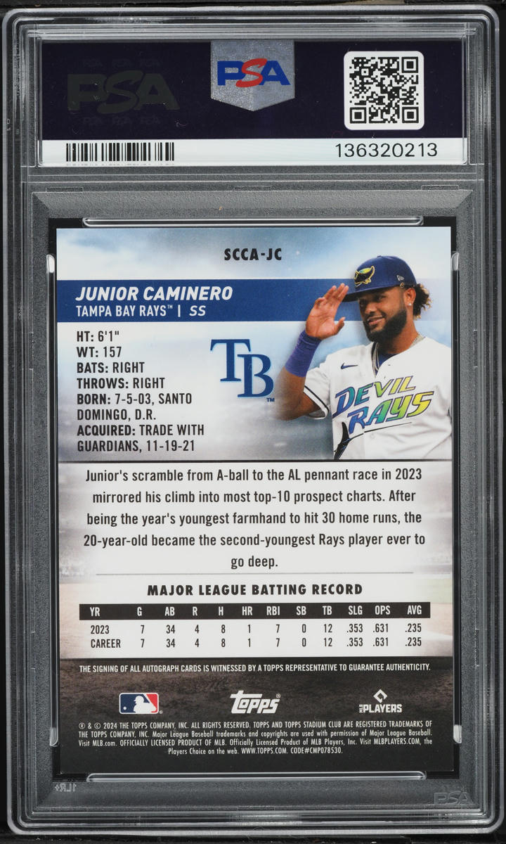 2024 Stadium Club Chrome Junior Caminero ROOKIE AUTO #SCCAJC PSA 9 MINT