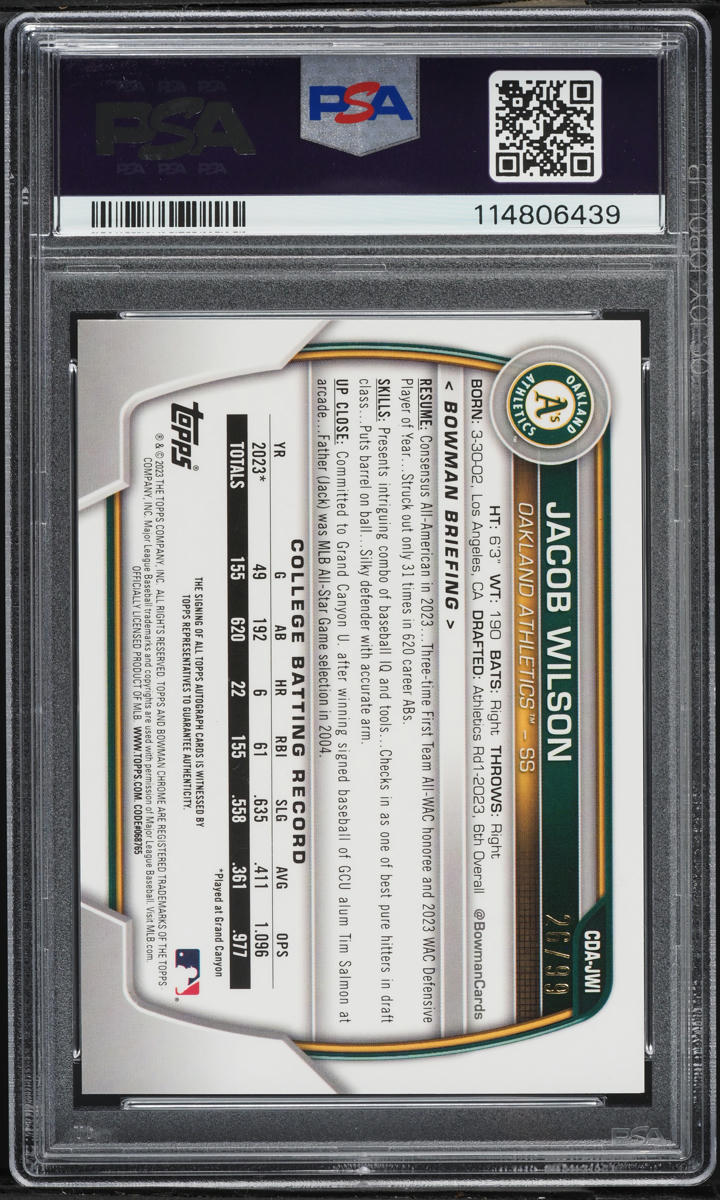 2023 Bowman Chrome Green Lava Jacob Wilson PROSPECT AUTO /99 #CDA-JWI PSA 10 GEM MINT
