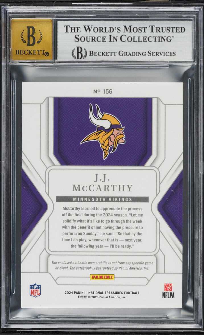 2024 National Treasures JJ McCarthy ROOKIE PATCH AUTO /99 #156 BGS 9 MINT