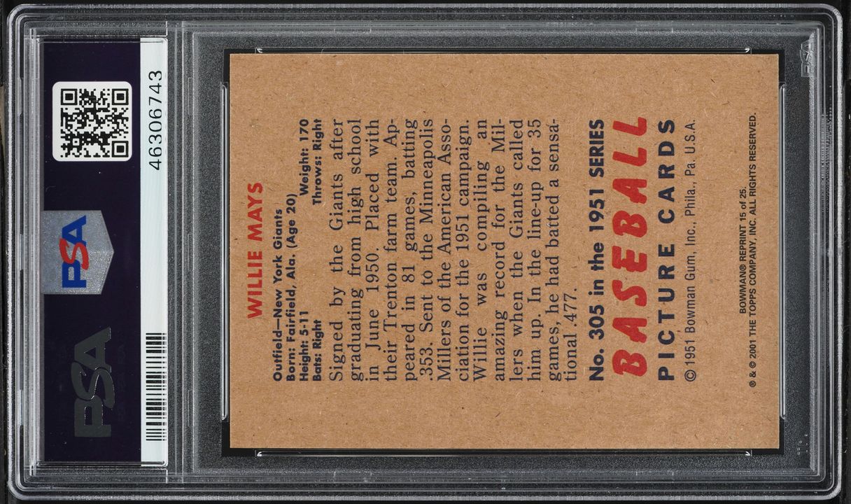 2001 Bowman Rookie Reprint Willie Mays #15 PSA 10 GEM MINT