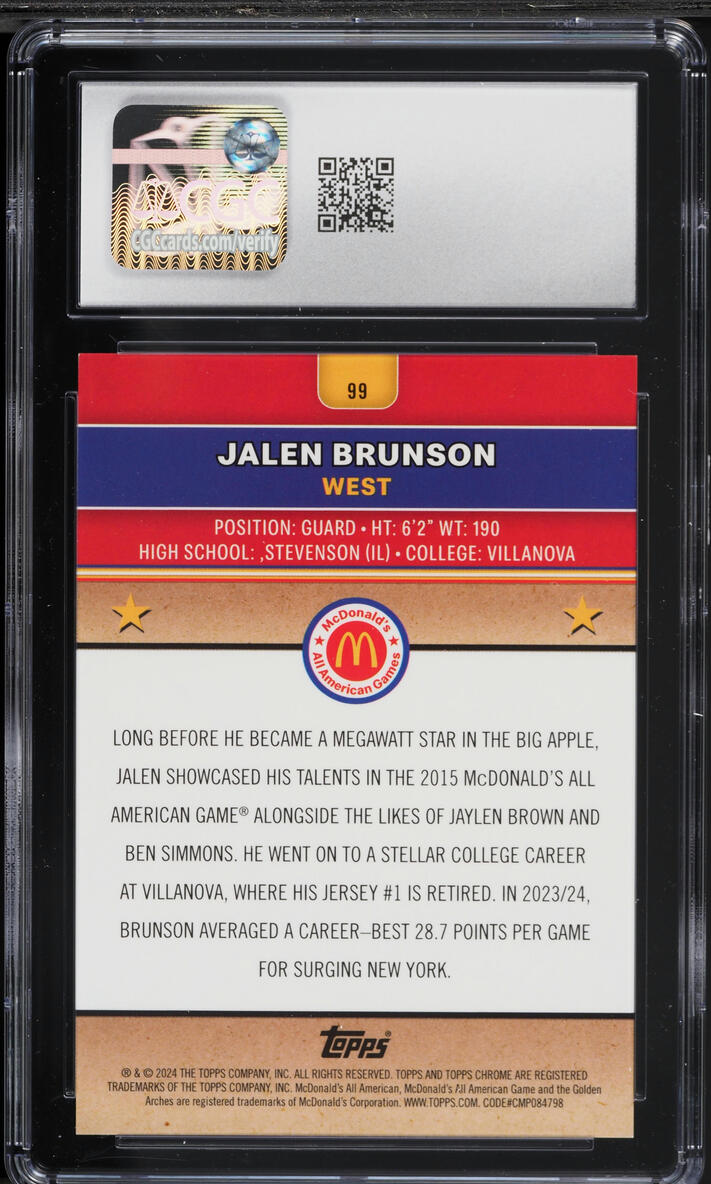 2024 Topps Chrome McDonald's All American Gold Refractor Jalen Brunson /50 #99 CGC 10 GEM MINT