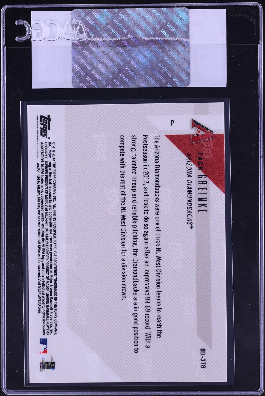 2018 Topps Now Road To Opening Day Zack Greinke #OD-378 CGC AUTH