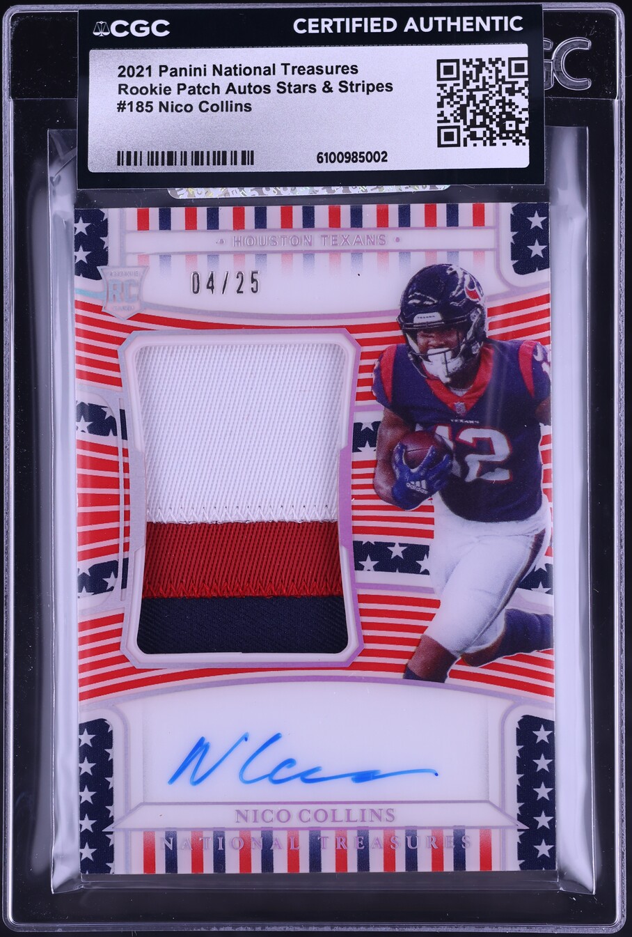 2021 National Treasures Stars & Stripes Nico Collins ROOKIE PATCH AUTO /25 #185 CGC AUTH