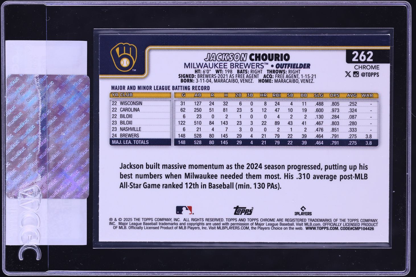 2025 Topps Chrome Logofractor Jackson Chourio #262 CGC AUTH on