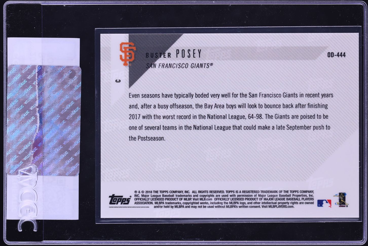2018 Topps Now Road To Opening Day Buster Posey #OD-444 CGC AUTH