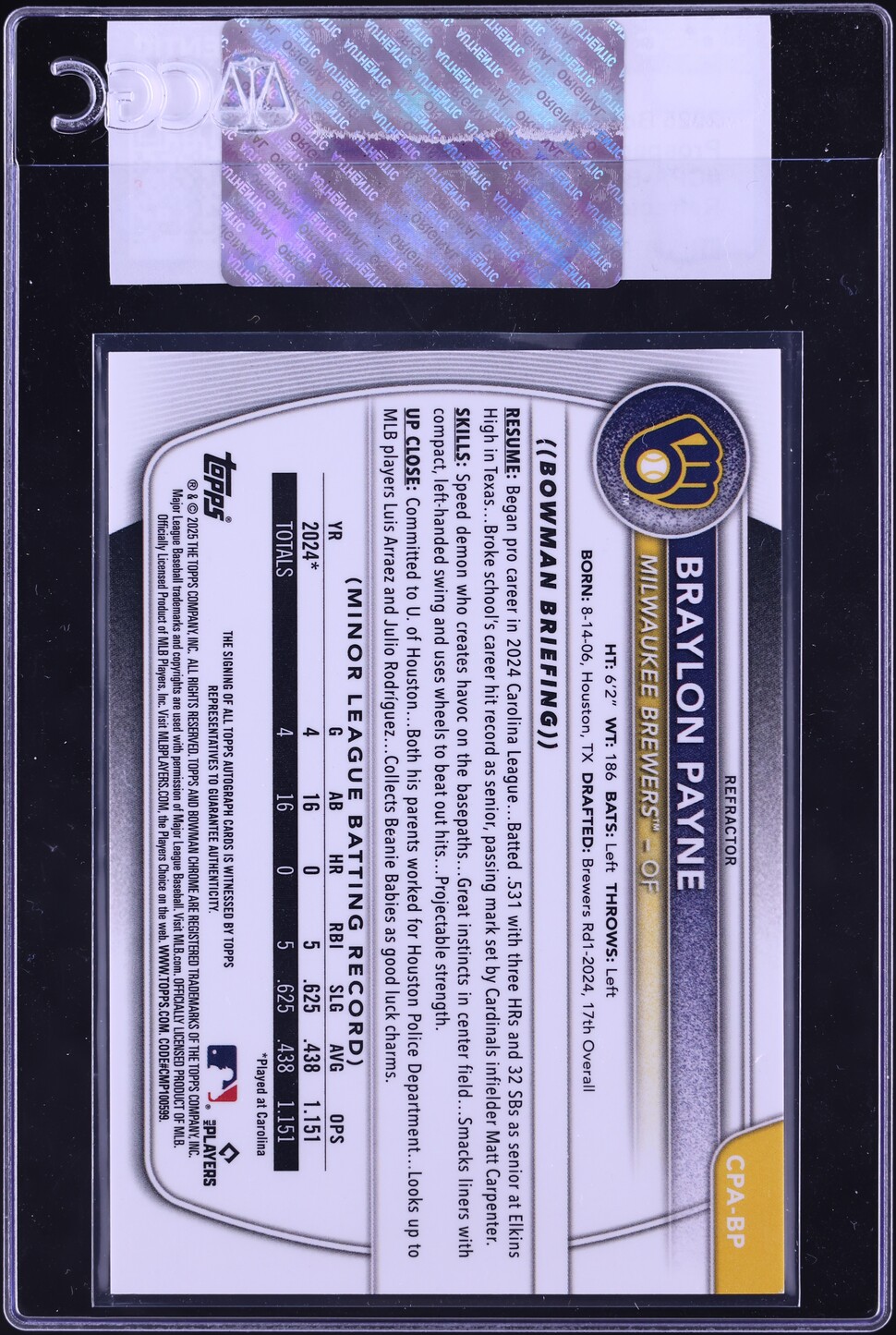 2025 Bowman Chrome Refractor Braylon Payne PROSPECT AUTO /499 #CPA-BP CGC AUTH