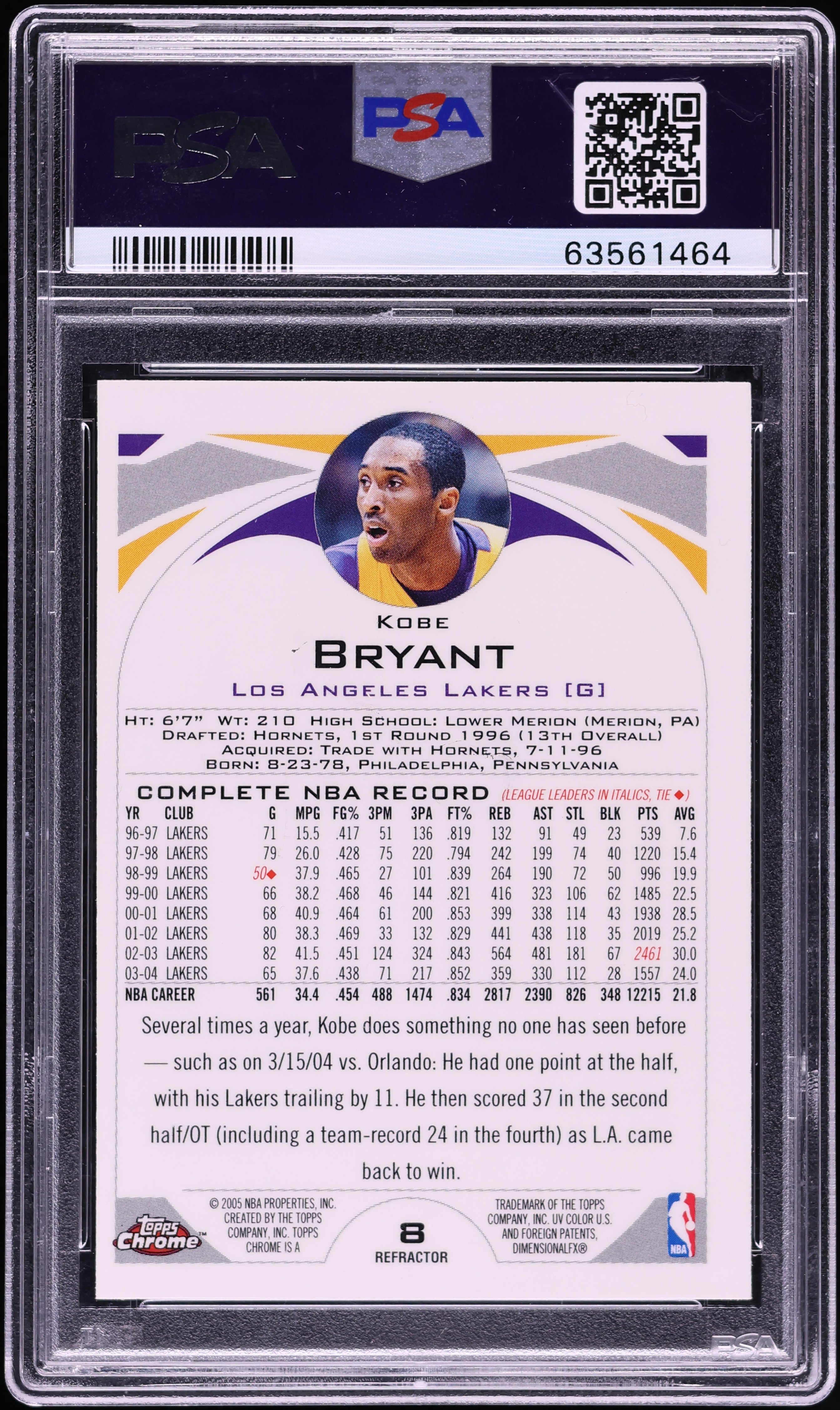 2004 Topps Chrome Refractor Kobe Bryant #8 PSA 9 MINT on Fanatics