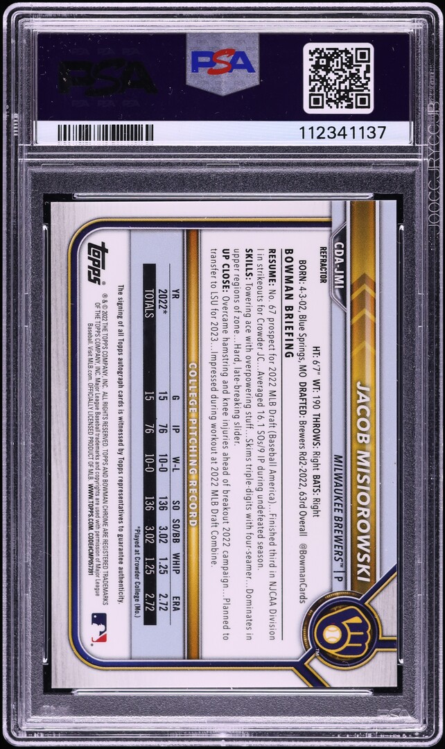 2022 Bowman Chrome Draft Pick Refractor Jacob Misiorowski PROSPECT AUTO /499 #CDAJMI PSA 10 GEM