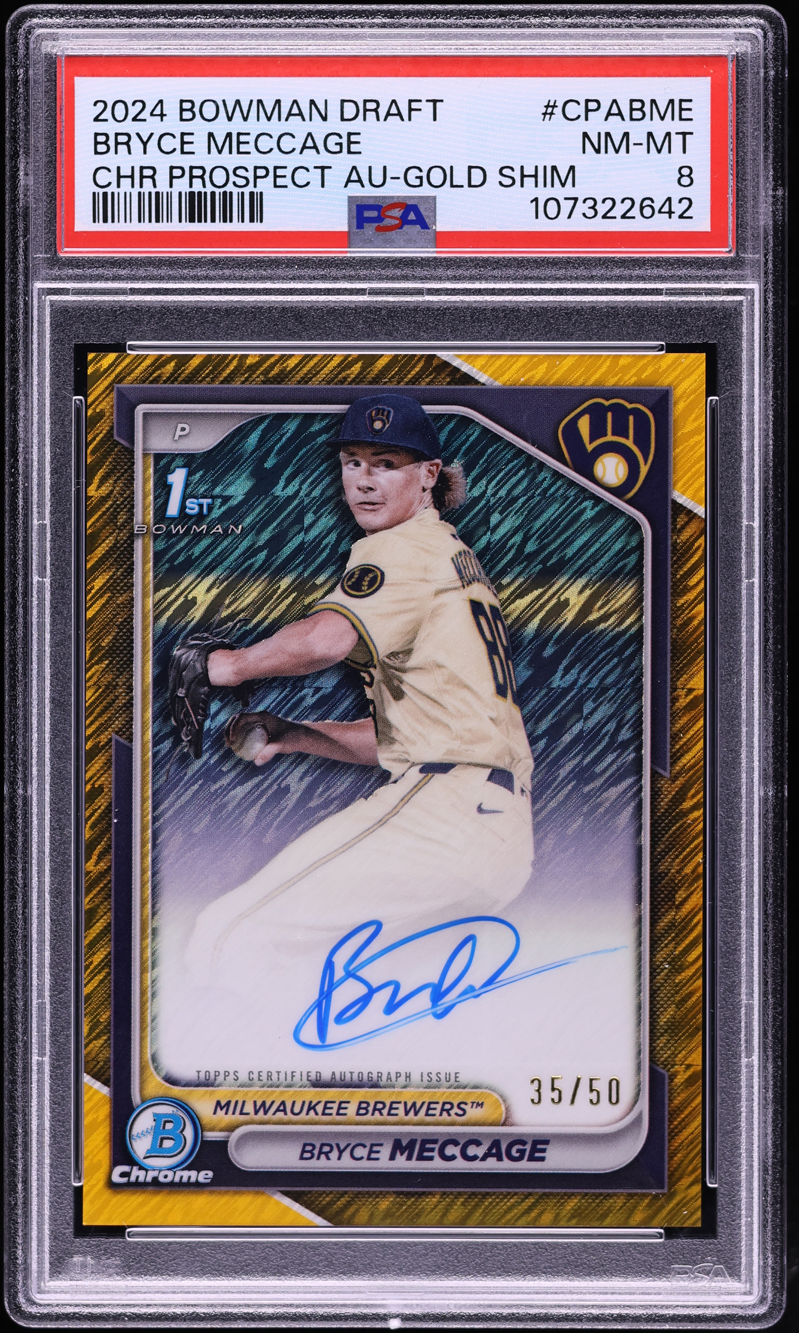 2024 Bowman Chrome Draft Gold Shim Bryce Meccage PROSPECT AUTO /50