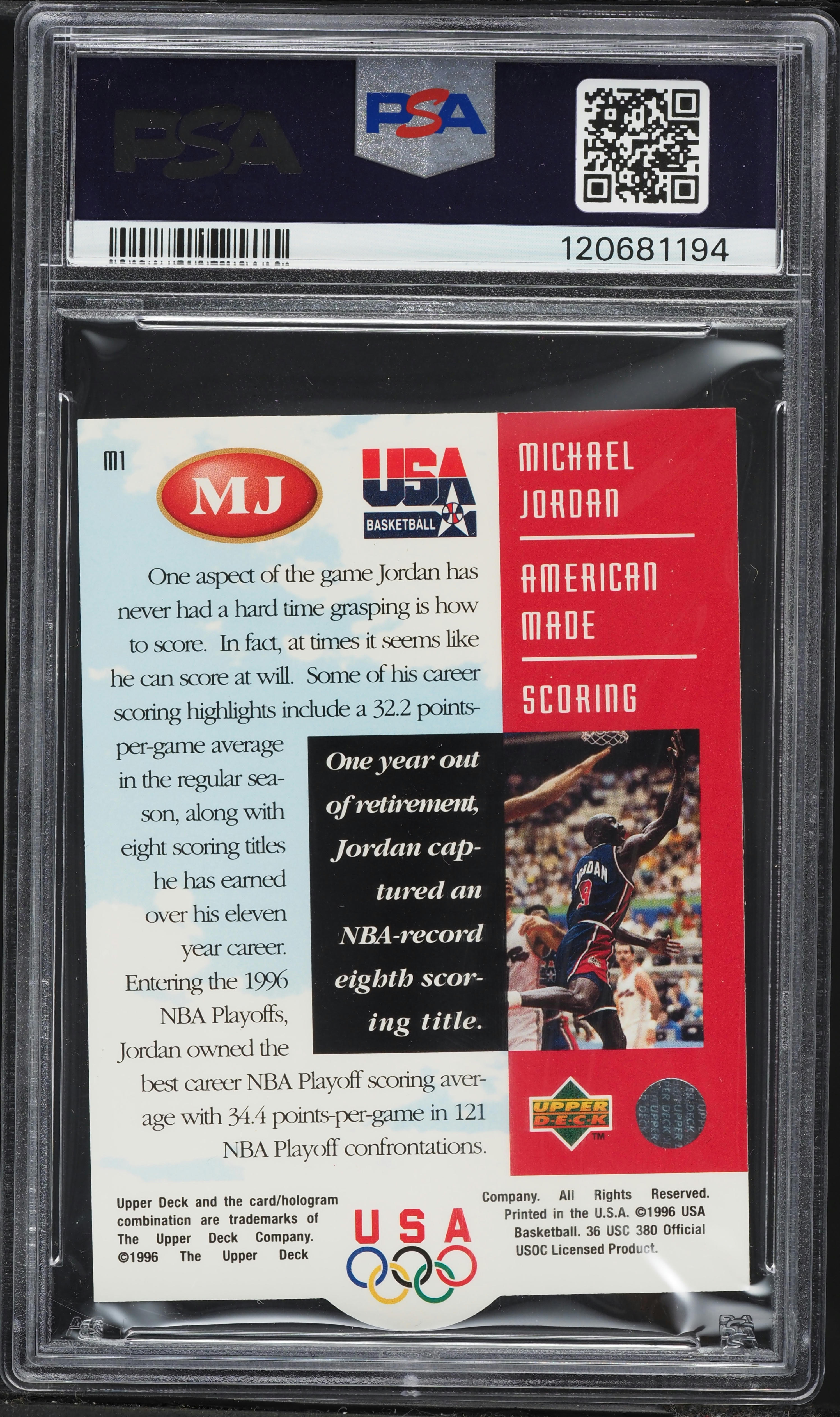 1996 Upper Deck USA American Made Scoring Michael Jordan #M1 PSA 8