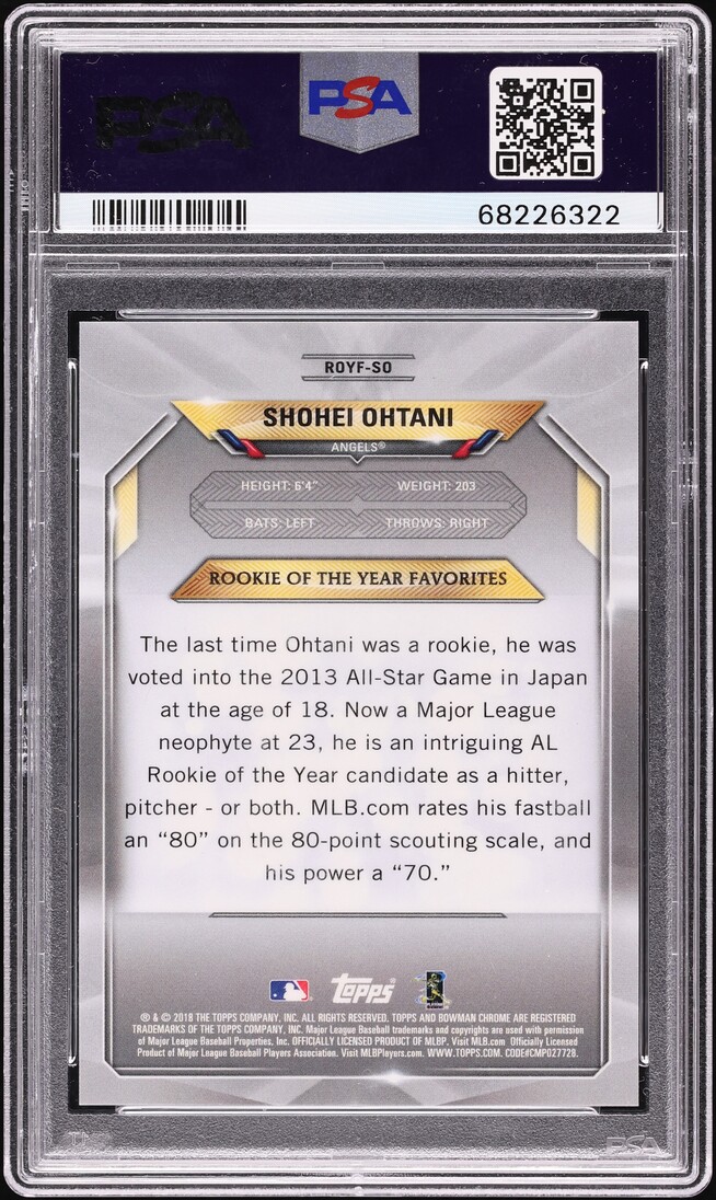 2018 Bowman Chrome Mega Box ROY Favorites Purple Refractor Shohei Ohtani ROOKIE /250 PSA 10 GEM