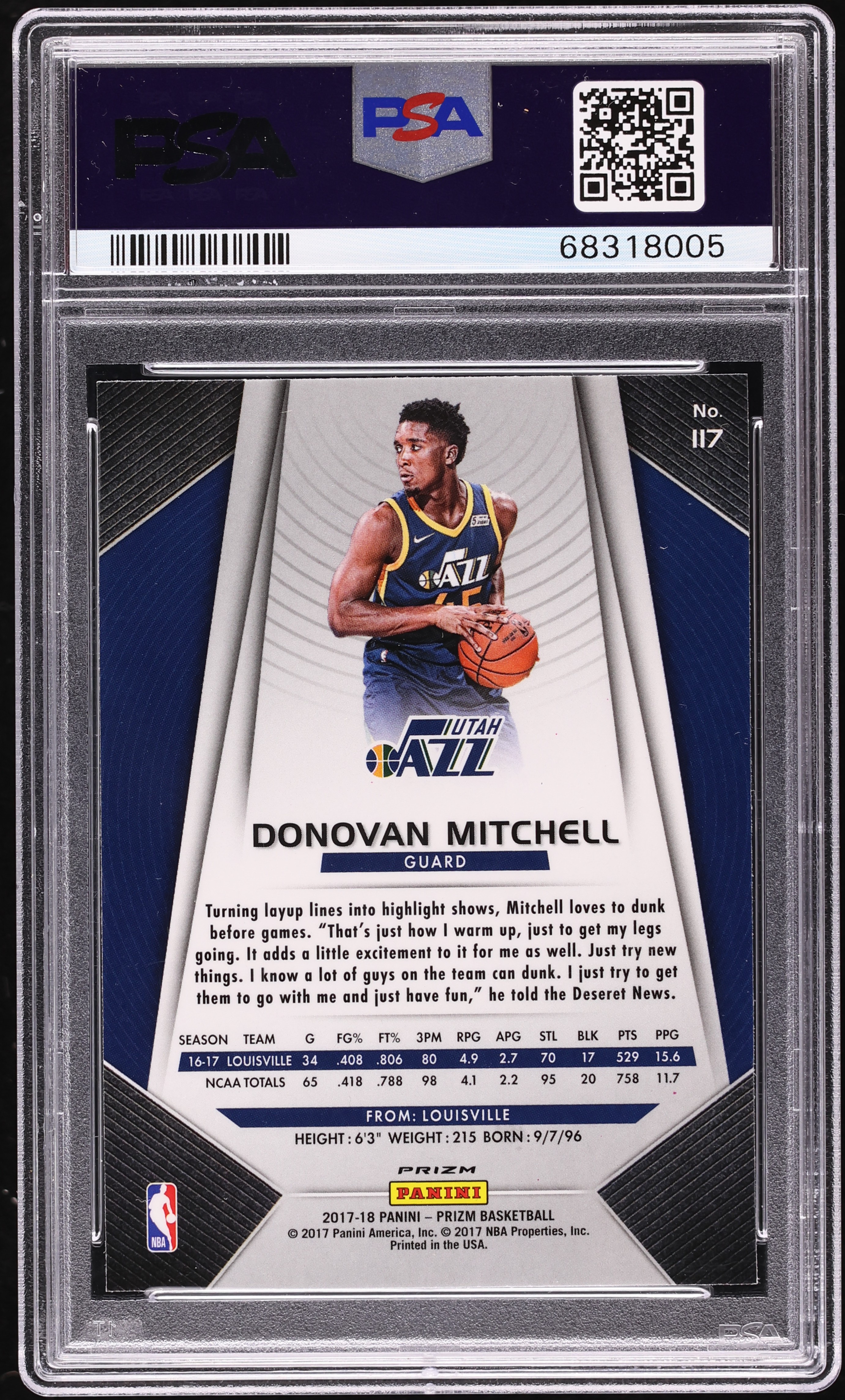 2017 Panini Prizm Silver Donovan Mitchell ROOKIE #117 PSA 10 GEM