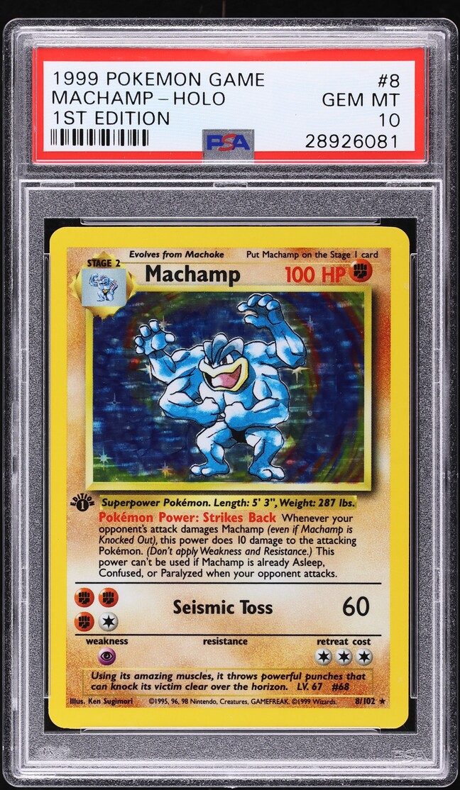 1999 Pokemon Base Set Shadowless 1st Edition Holo Machamp #8 PSA 10 GEM MINT