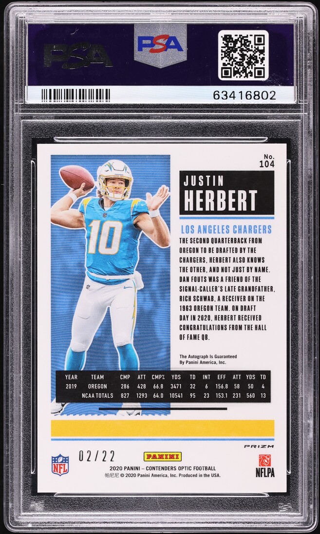 2020 Panini Contenders Optic Cracked Ice Justin Herbert ROOKIE AUTO /22 PSA 9