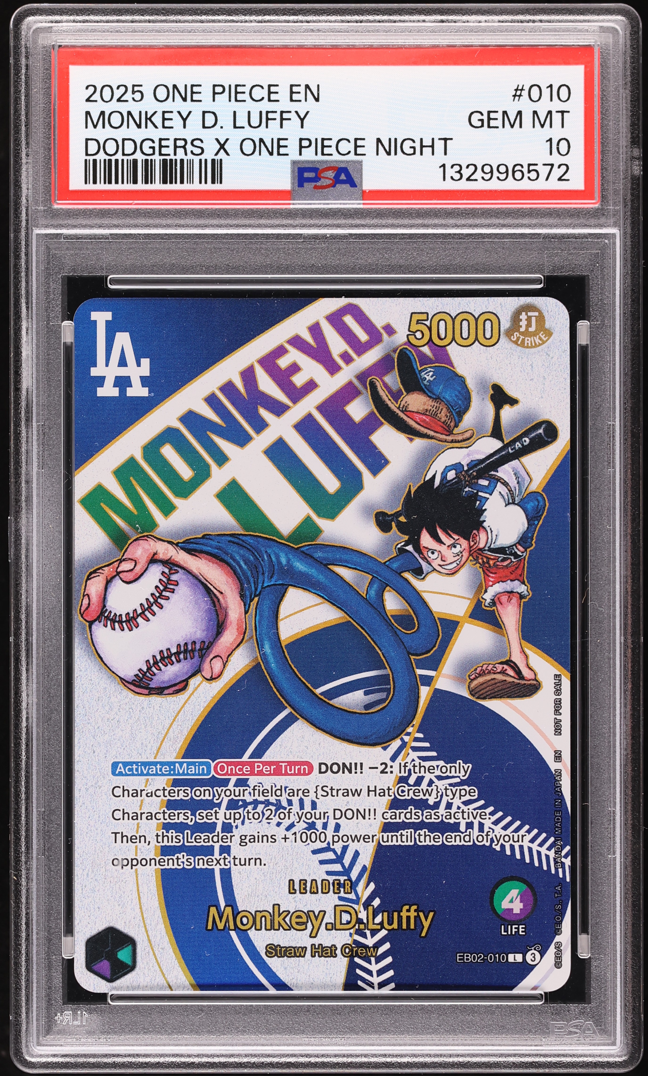 2025 One Piece Dodgers Promo Monkey D. Luffy #EB02-010 PSA 10 GEM
