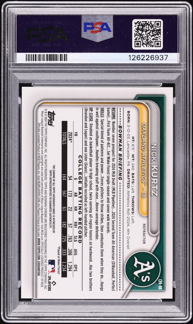 2024 Bowman Chrome Draft Refractor Nick Kurtz PROSPECT AUTO /499 #CPA-NK PSA 9 MINT