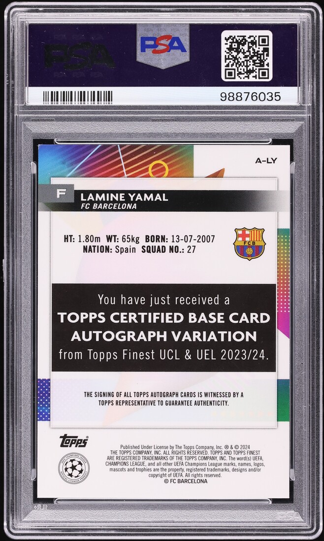 2023 Finest UEFA Competitions Purple Shimmer Lamine Yamal ROOKIE AUTO /199 PSA 8 NM-MT