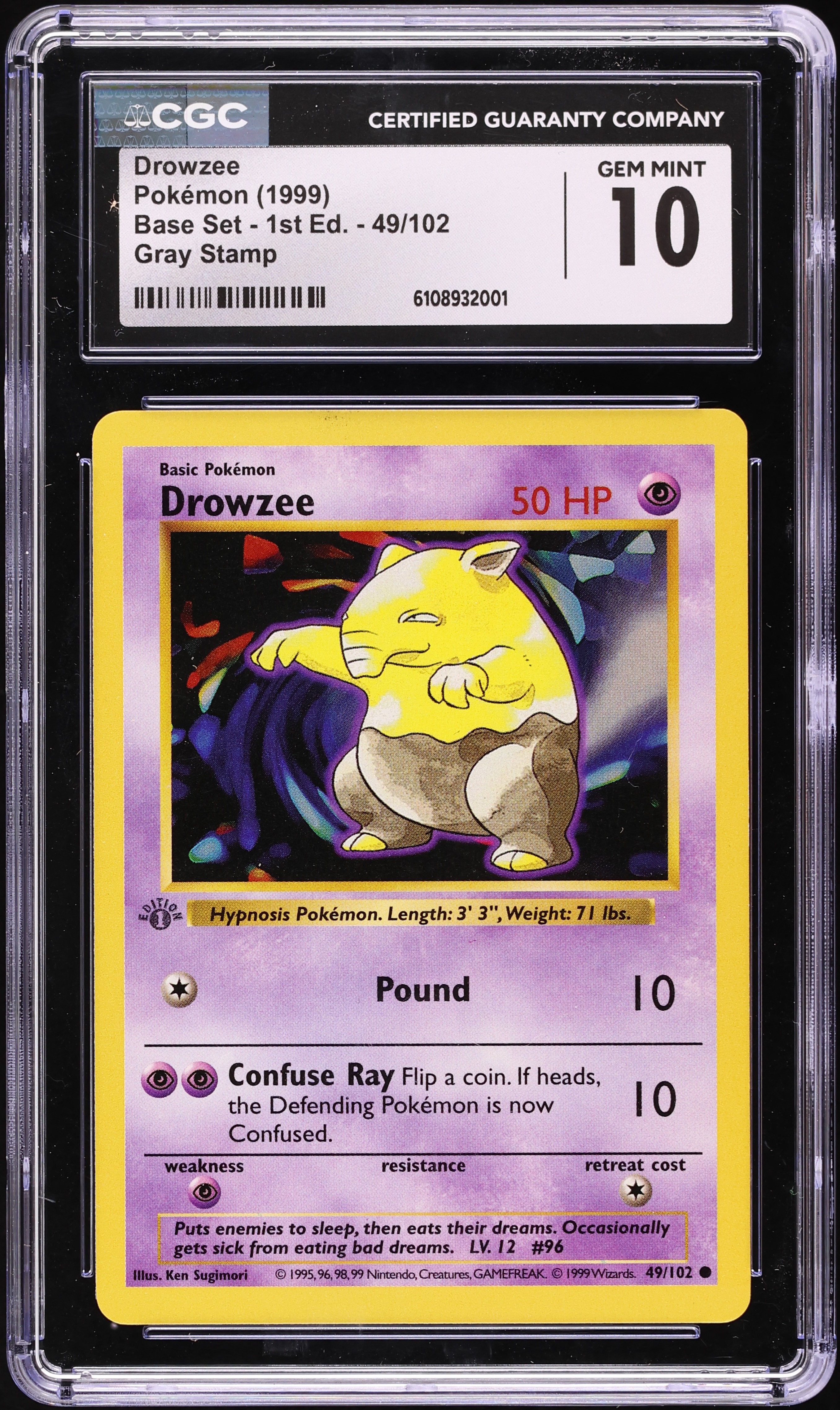 1999 Pokemon Base Set Shadowless 1st Edition Gray Stamp Drowzee #49 CGC 10  GEM MINT on Fanatics Collect