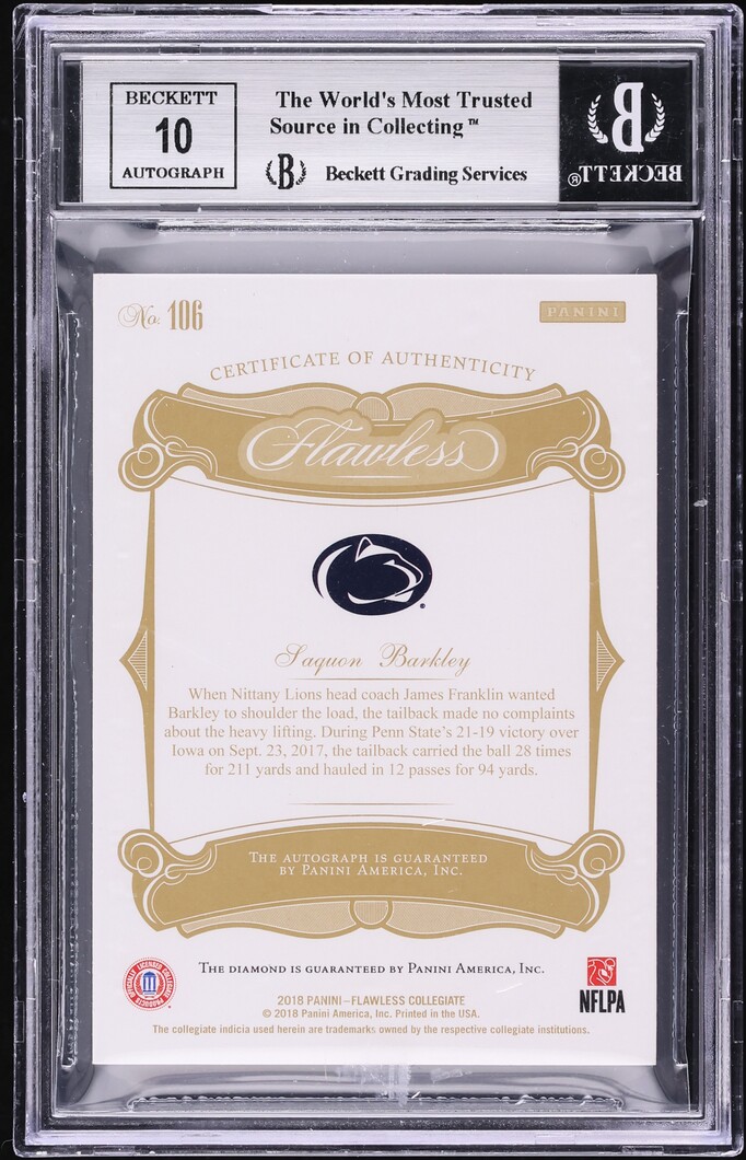 2018 Panini Flawless Collegiate Gems Black Saquon Barkley ROOKIE AUTO 1/1 #106 BGS 9 MINT