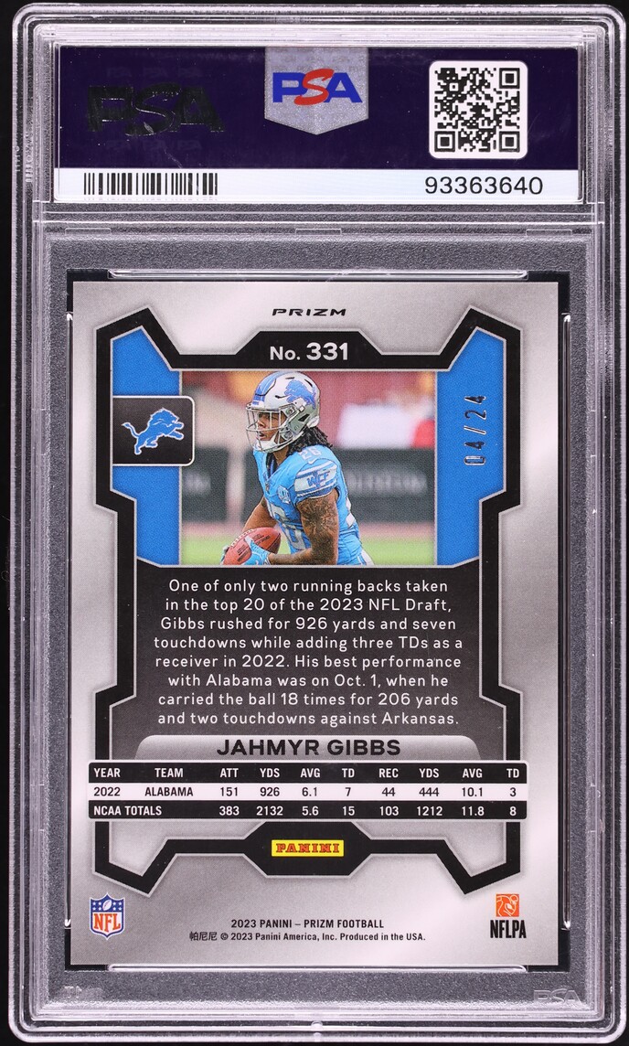 2023 Panini Prizm Gold Sparkle Jahmyr Gibbs ROOKIE /24 #331 PSA 9