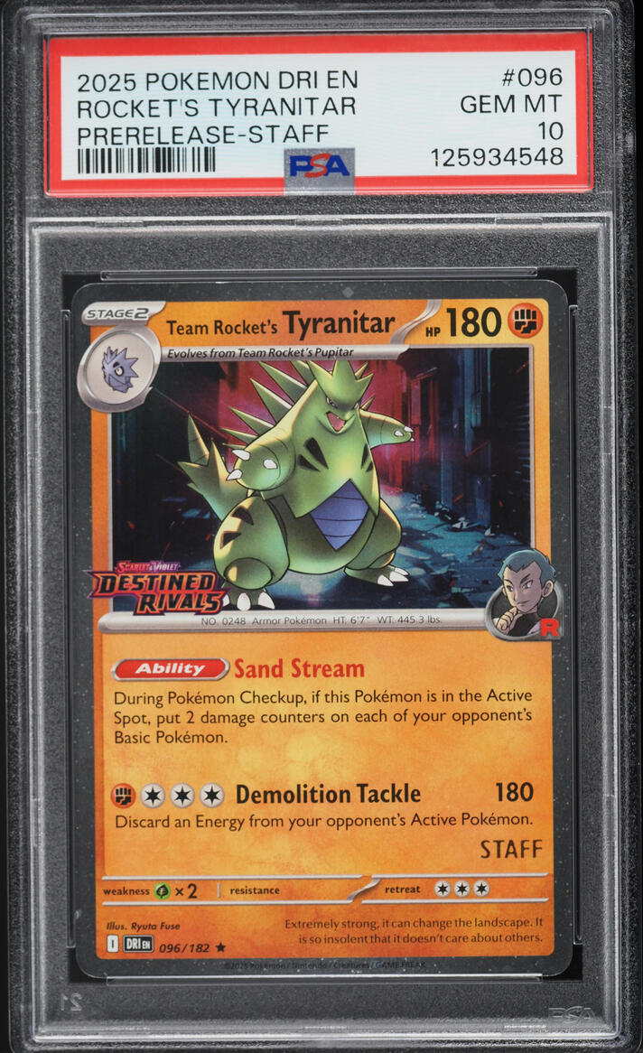 2025 Pokemon SV Destined Rivals Prerelease Staff Rocket's Tyranitar #96 PSA 10 GEM MINT
