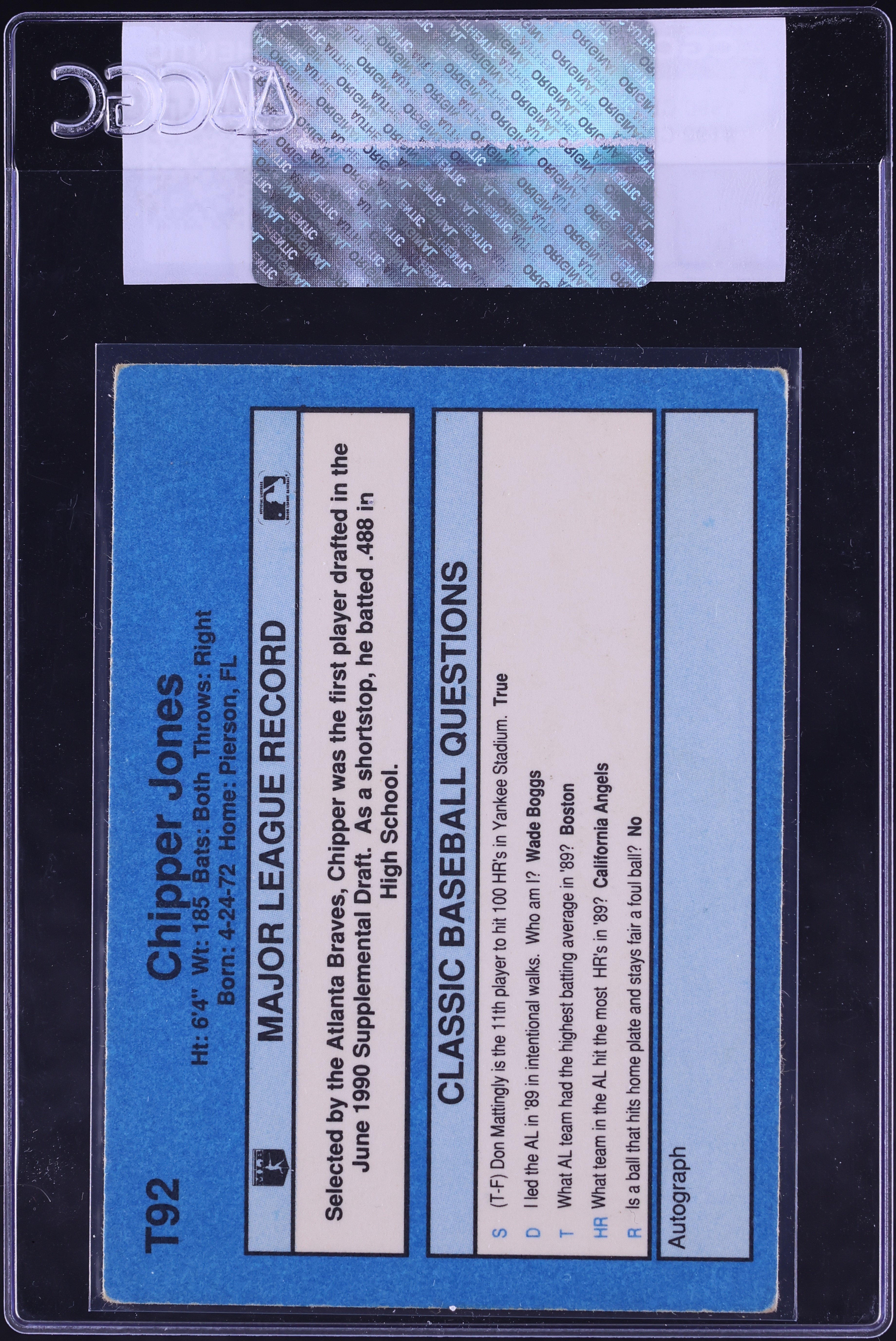 thumbnail image 2 of Chipper Jones 1990 Classic Yellow #T92 RC Rookie Card – Atlanta Braves 2 of 5