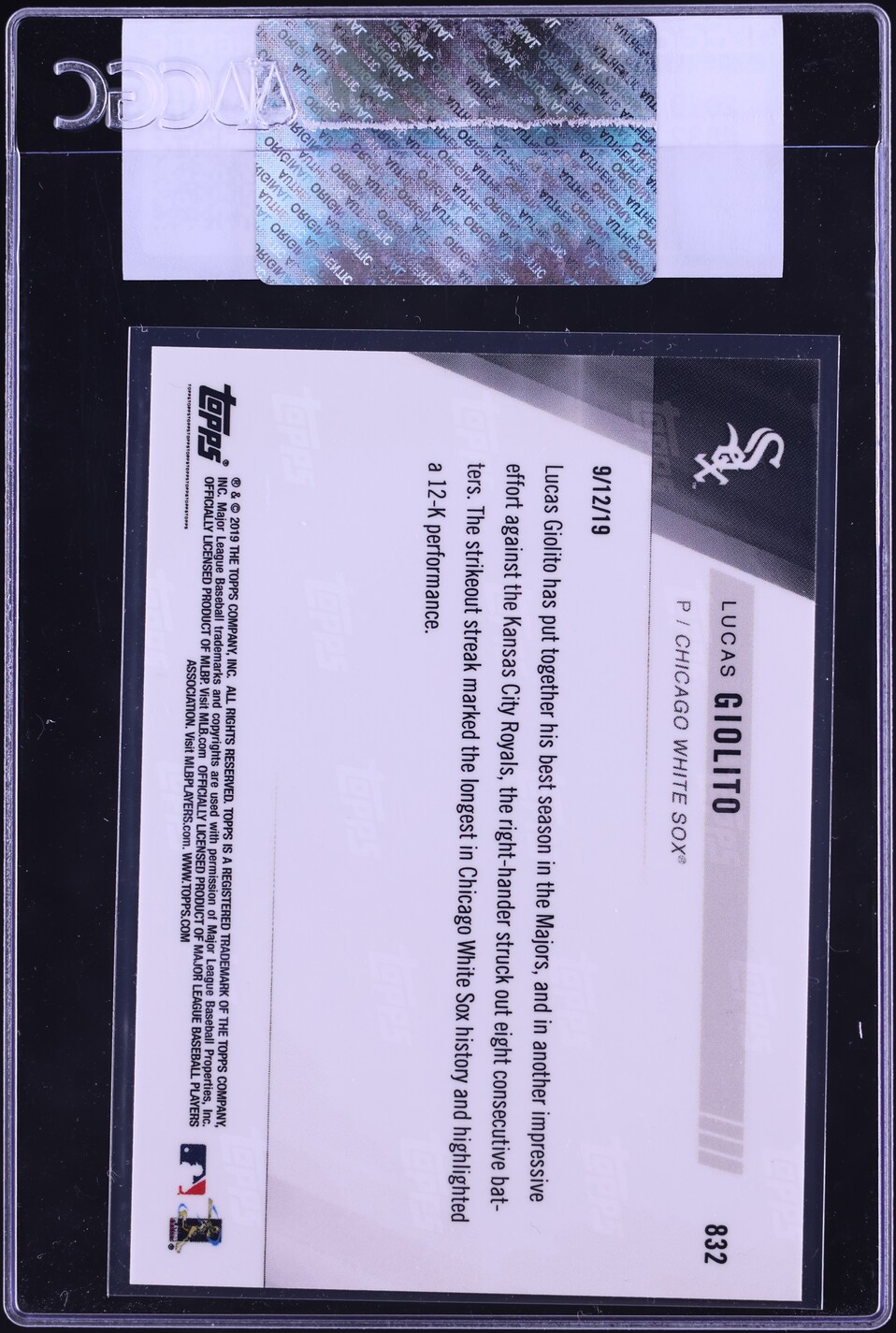 2019 Topps Now Lucas Giolito #832 CGC AUTH