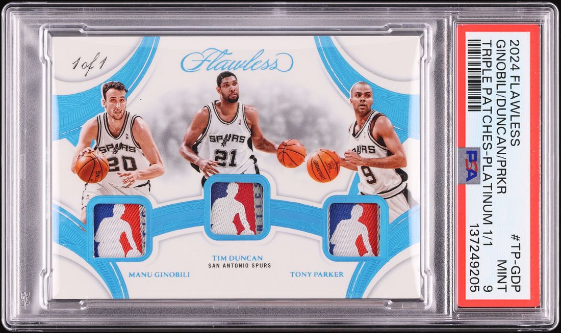 2024 Panini Flawless Triple Platinum Ginobili Duncan Parker PATCH 1/1 #TP-GDP PSA 9 MINT