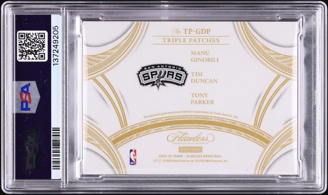 2024 Panini Flawless Triple Platinum Ginobili Duncan Parker PATCH 1/1 #TP-GDP PSA 9 MINT