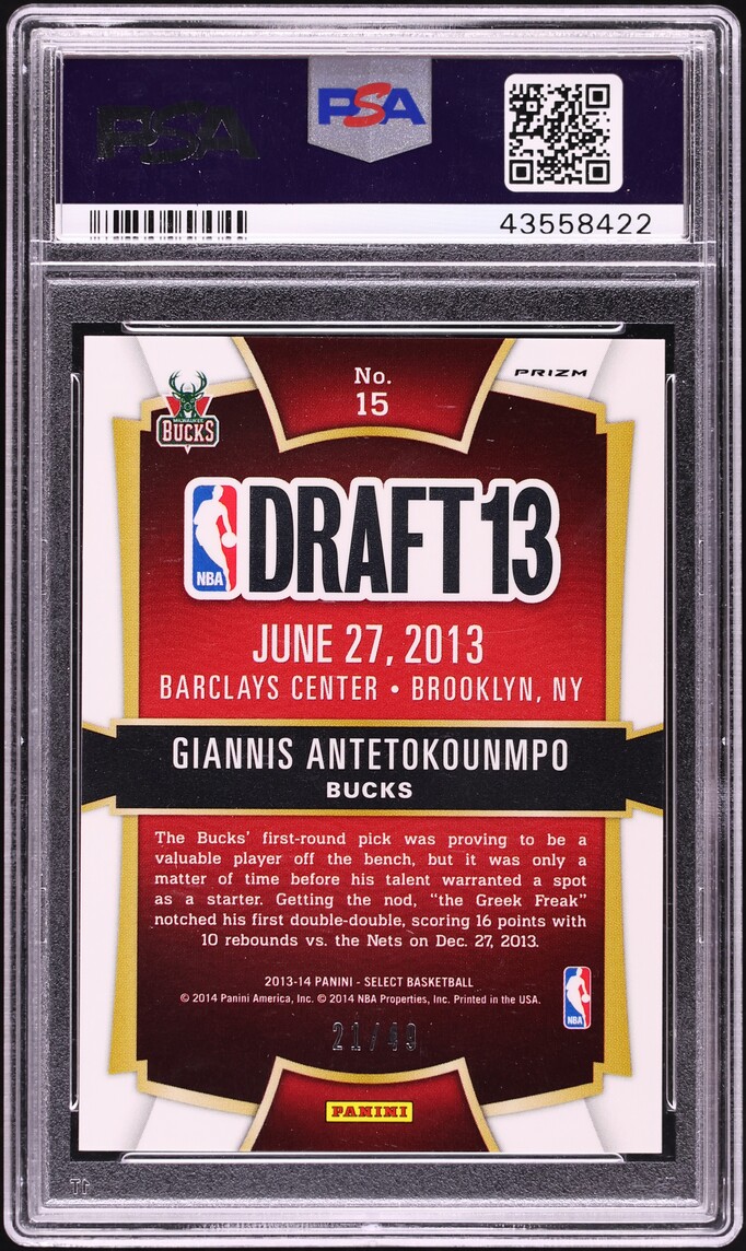 2013 Select Draft Selections Blue Prizm Giannis Antetokounmpo ROOKIE /49 #15 PSA 9 MINT