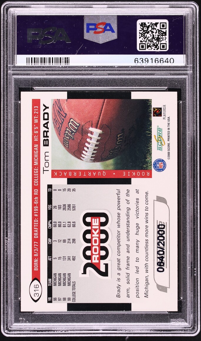 2000 Score Scorecard Tom Brady ROOKIE /2000 #316 PSA 7 NRMT