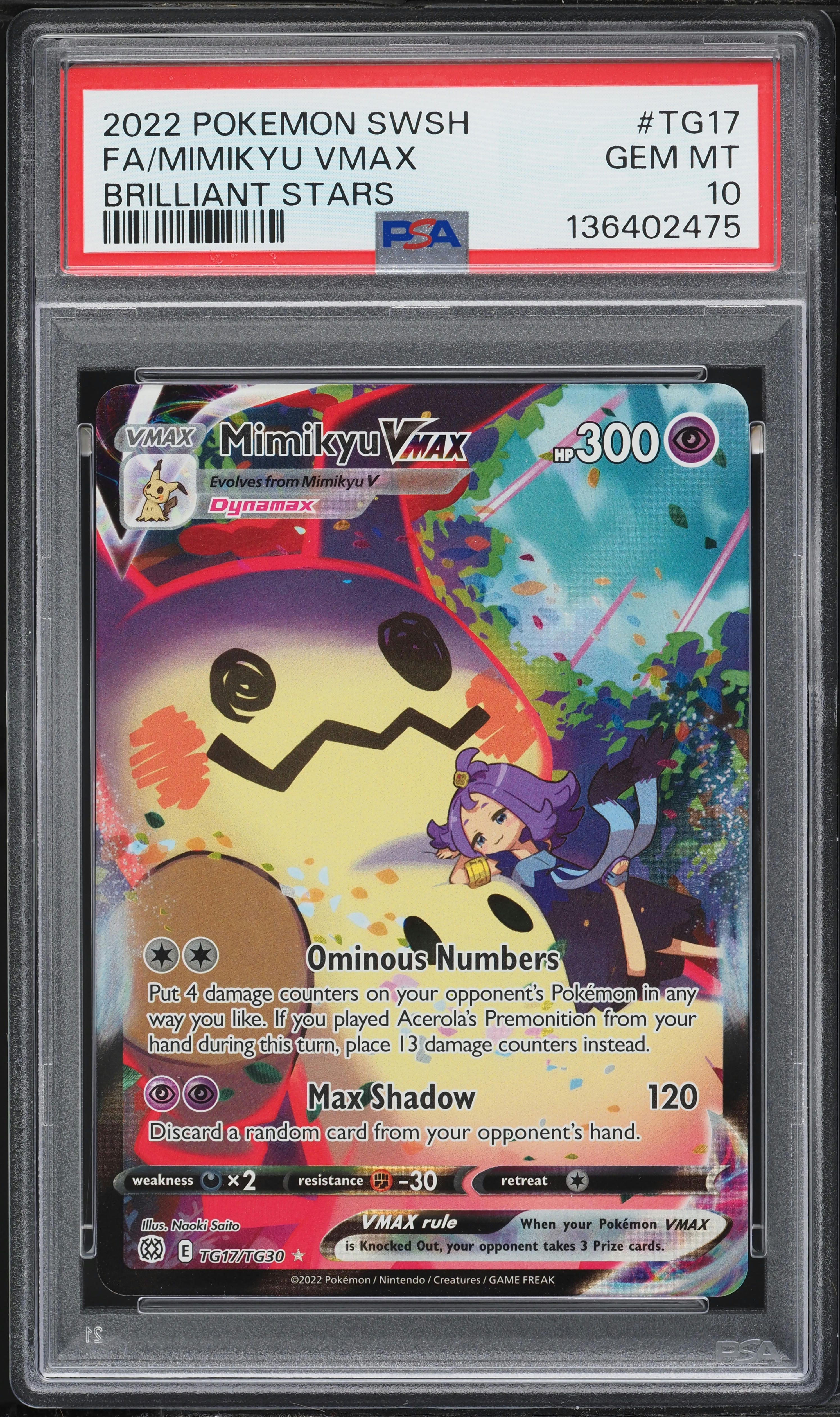 2022 Pokemon Sword & Shield Brilliant Stars TG Mimikyu VMAX #TG17