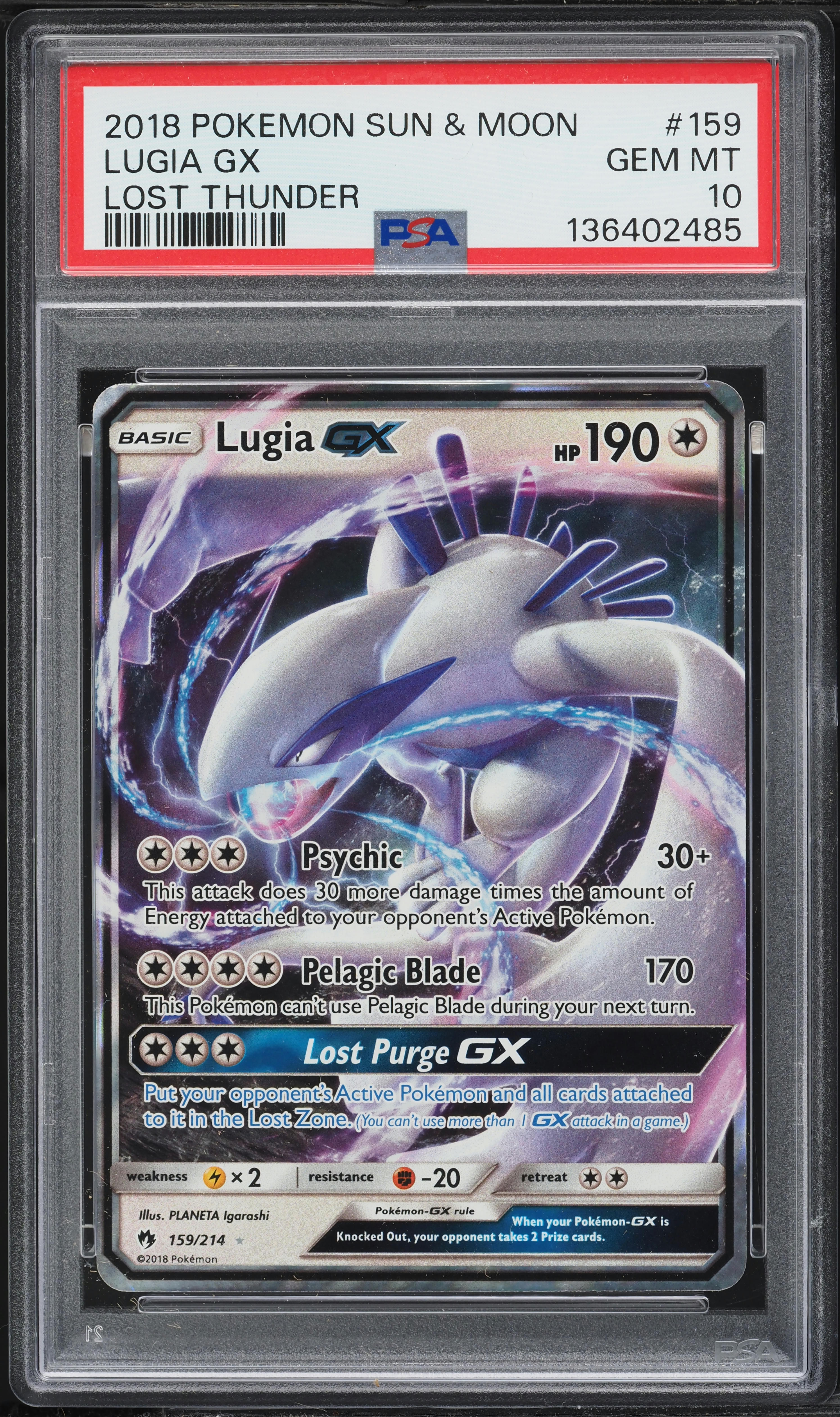2018 Pokemon Sun & Moon Lost Thunder Full Art Lugia GX #159 PSA 10