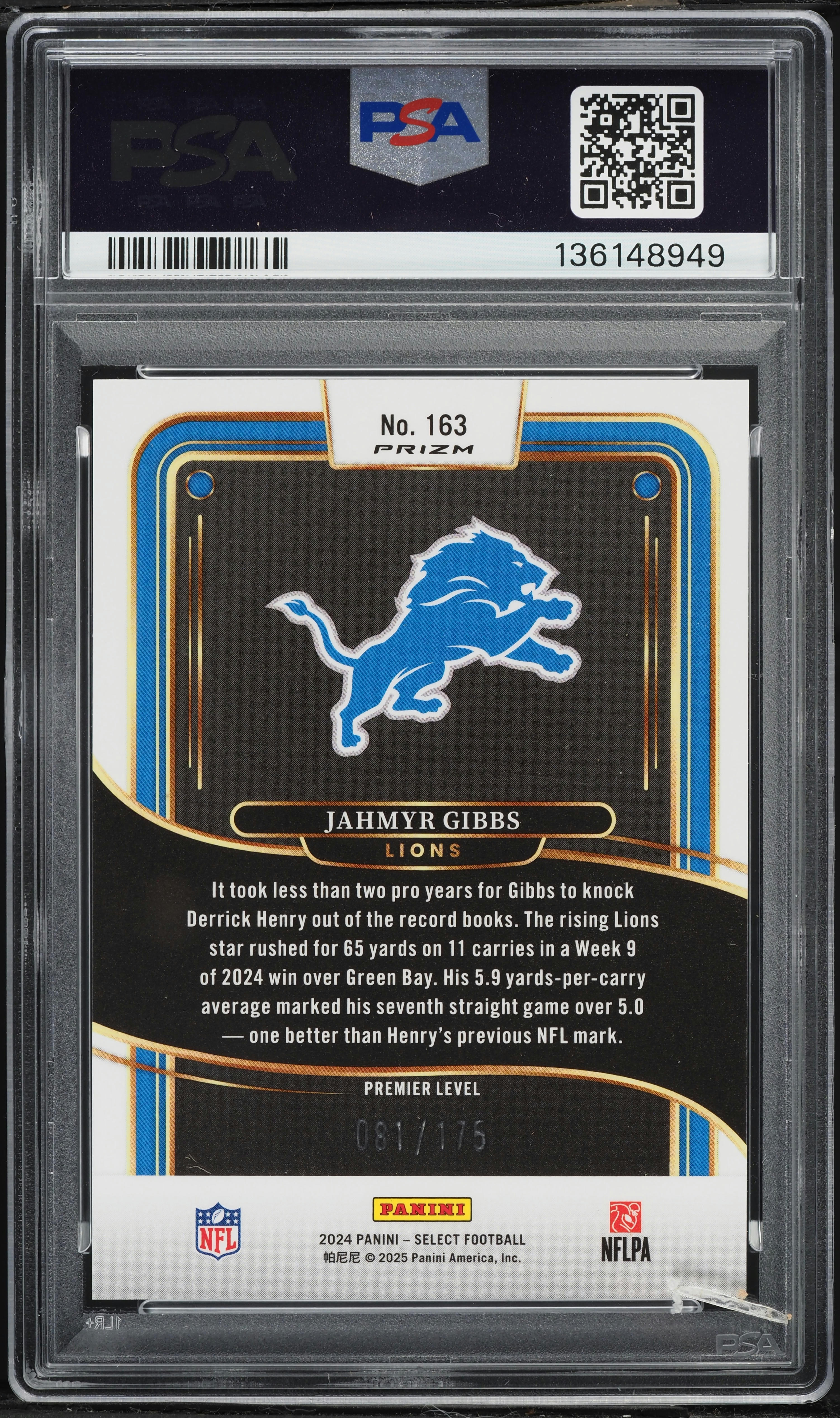 2024 Select Premier Level Blue Prizm Jahmyr Gibbs /175 #163 PSA 10