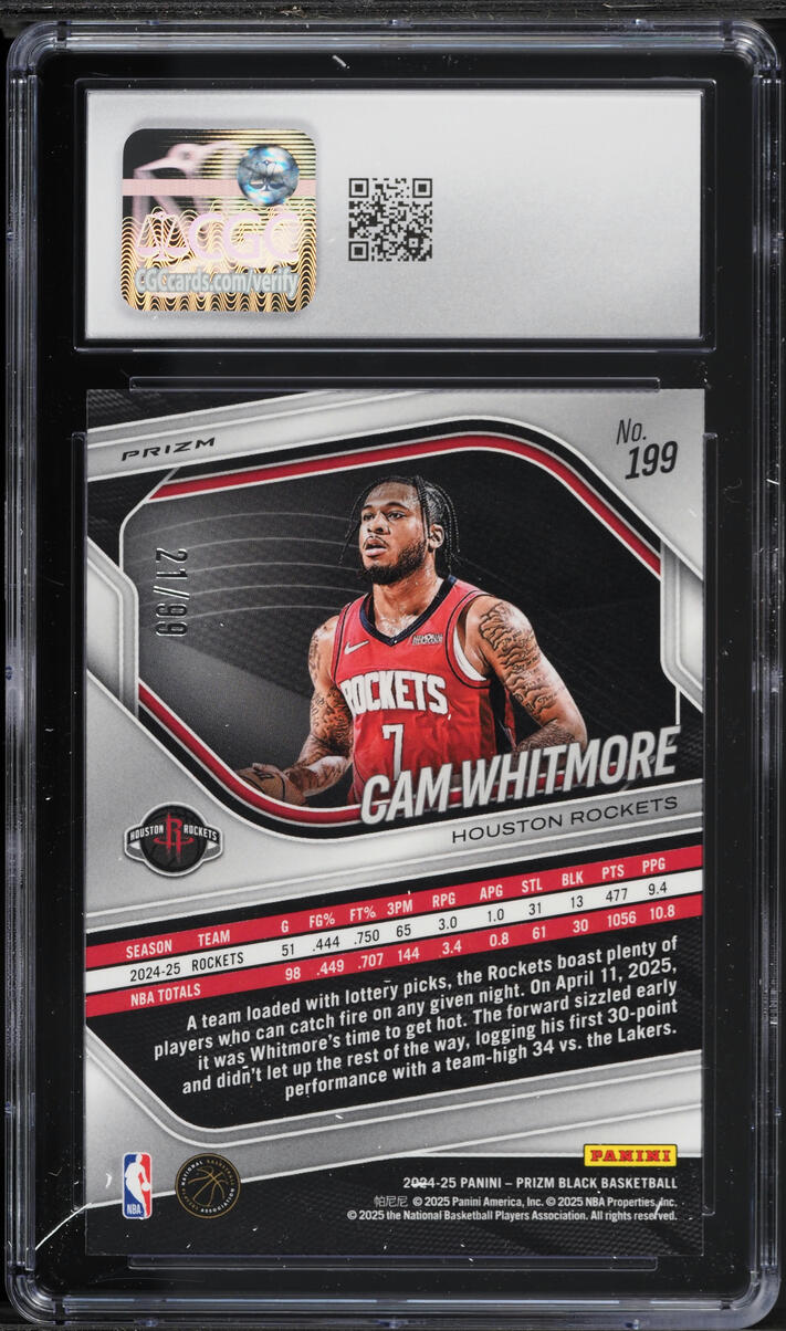 2024 Panini Prizm Black Purple Cam Whitmore /99 #199 CGC 10 GEM MINT