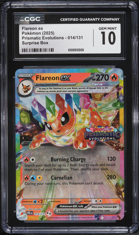 2025 Pokemon Scarlet & Violet Prismatic Evolutions Surprise Box Flareon EX #14 CGC 10 GEM MINT