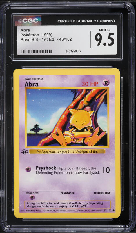1999 Pokemon Base Set Shadowless 1st Edition Abra #43 CGC 9.5 MINT+