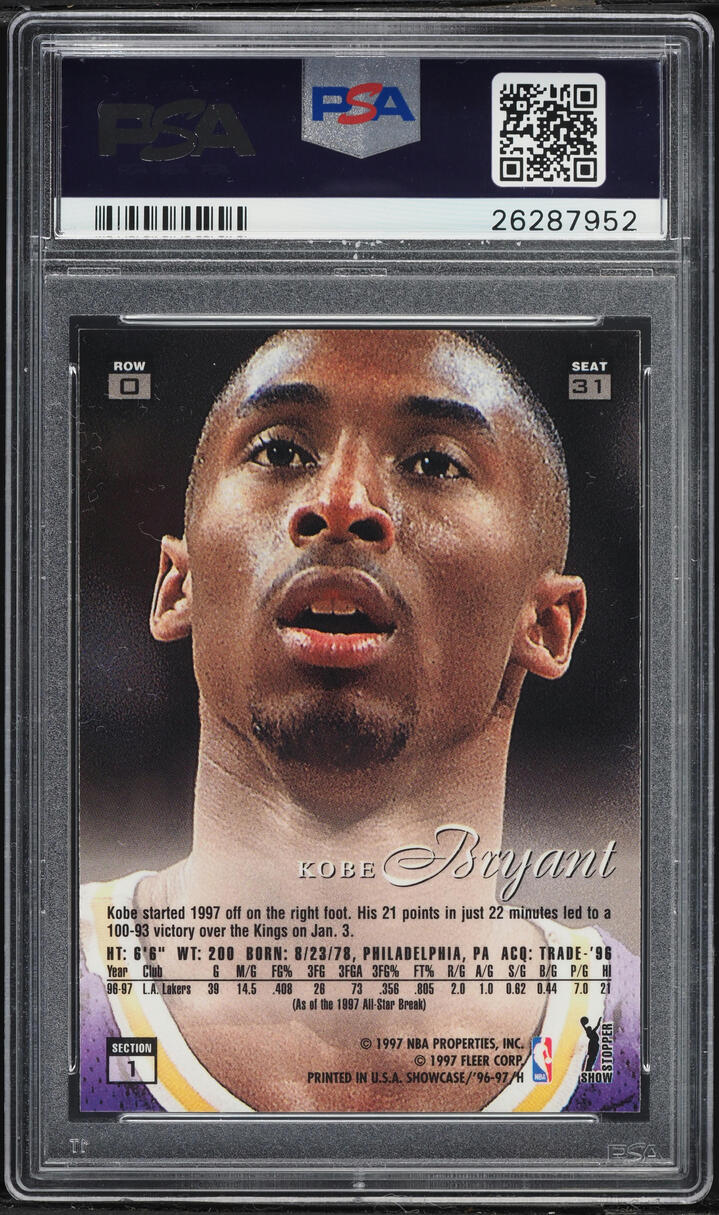 1996 Flair Showcase Row 0 Kobe Bryant ROOKIE #31 PSA 10 GEM MINT
