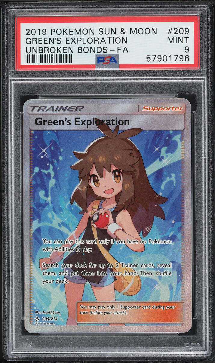 2019 Pokemon Sun & Moon Unbroken Bonds Full Art Green's Exploration #209 PSA 9 MINT