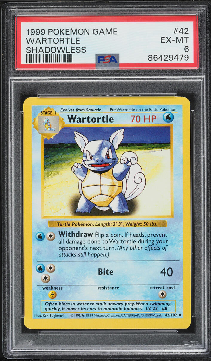 1999 Pokemon Base Set Shadowless Wartortle #42 PSA 6 EXMT