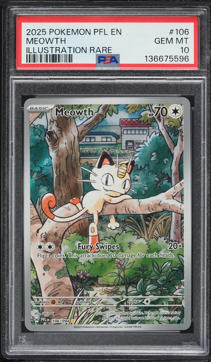 2025 Pokemon Pfl En-Phantasmal Flames Illustration Rare Meowth #106 PSA 10 GEM MINT