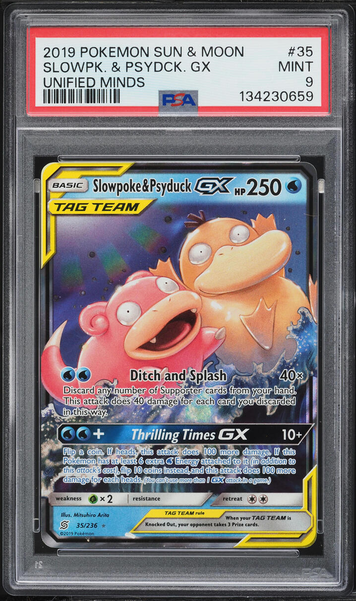 2019 Pokemon Sun & Moon Unified Minds Full Art Slowpoke & Psyduck GX #35 PSA 9 MINT