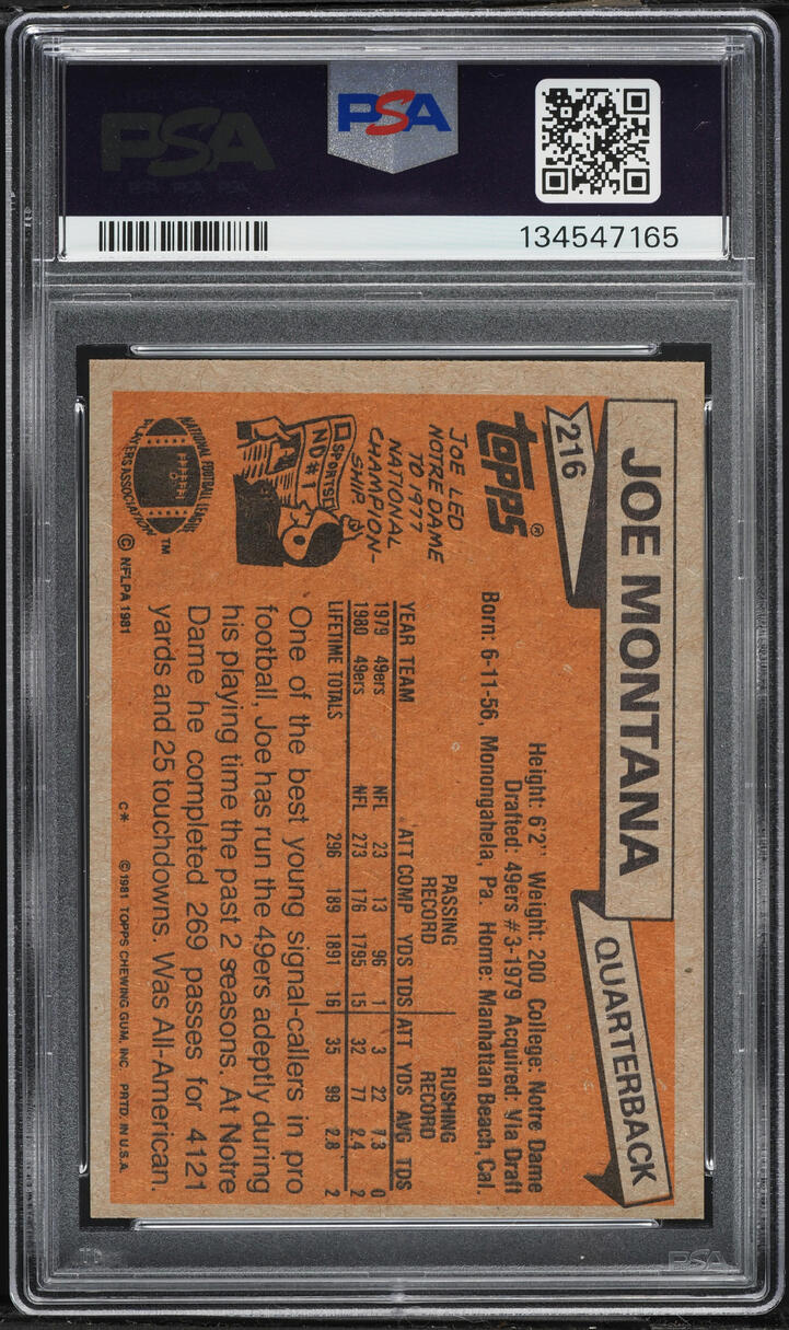 1981 Topps Football Joe Montana ROOKIE #216 PSA 7 NRMT