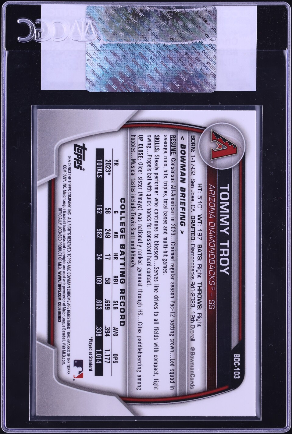 2023 Bowman Draft Chrome Blue Refractor Tommy Troy PROSPECT /150 #BDC-103 CGC AUTH