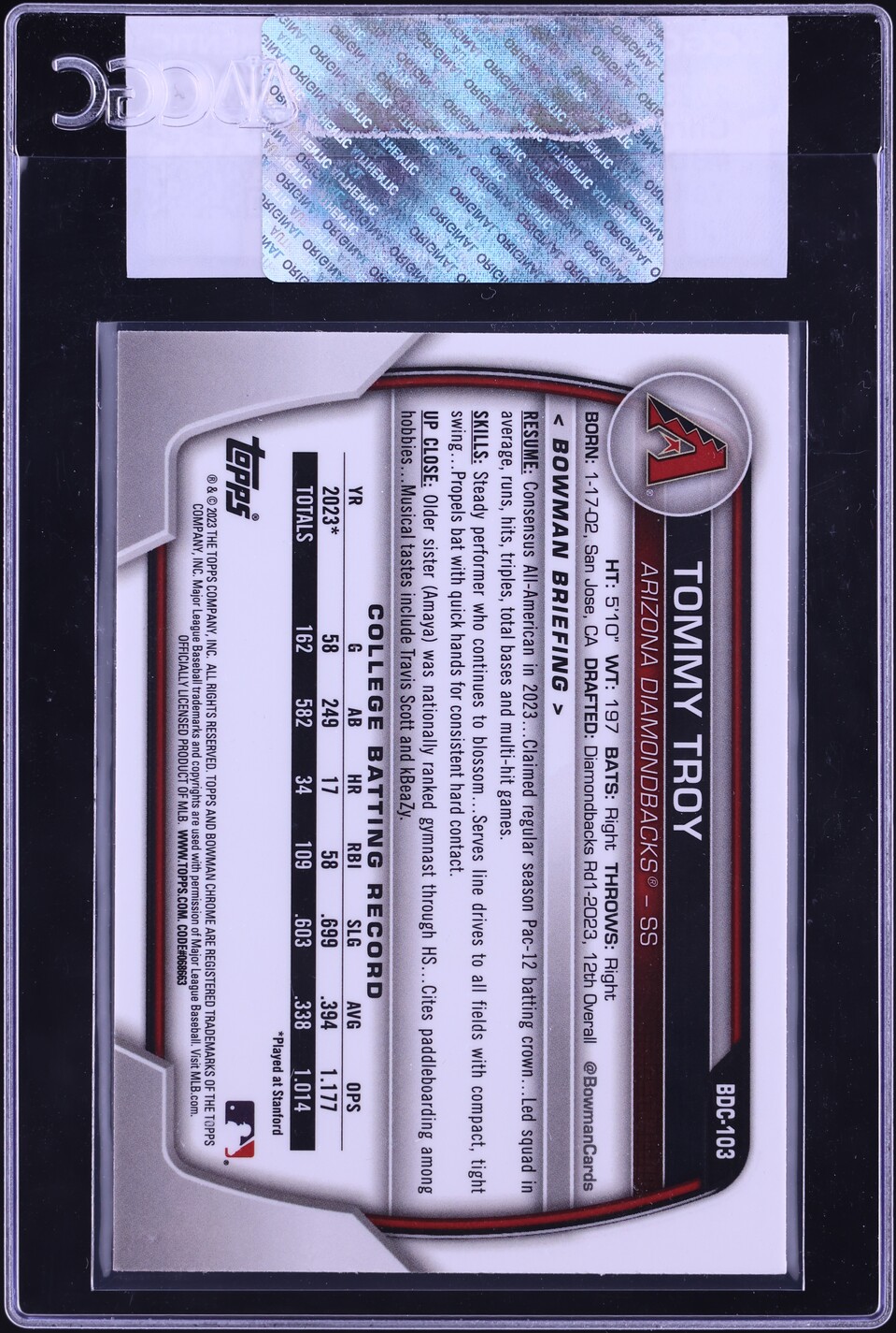 2023 Bowman Draft Chrome Yellow Refractor Tommy Troy PROSPECT /75 #BDC-103 CGC AUTH