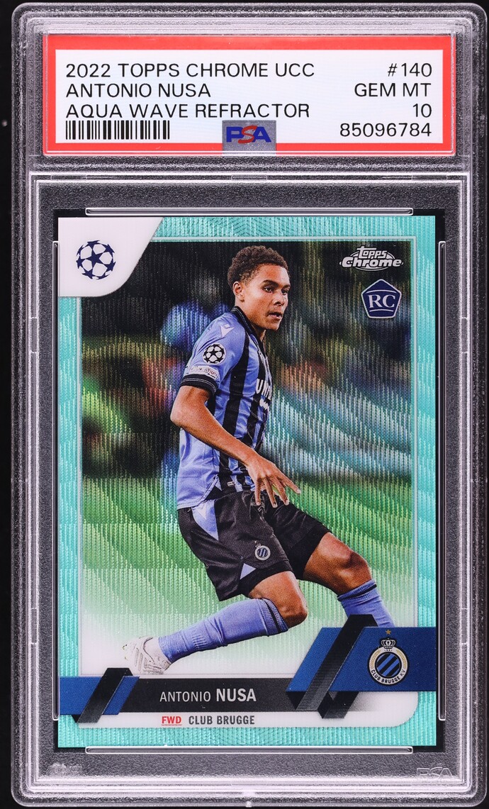 2022 Topps Chrome UEFA Club Competitions Aqua Wave Antonio Nusa ROOKIE /199 #140 PSA 10 GEM